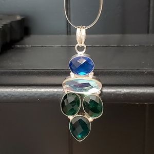 925 Sterling Herringbone Necklace with Faceted Colored Cut Glass Gems